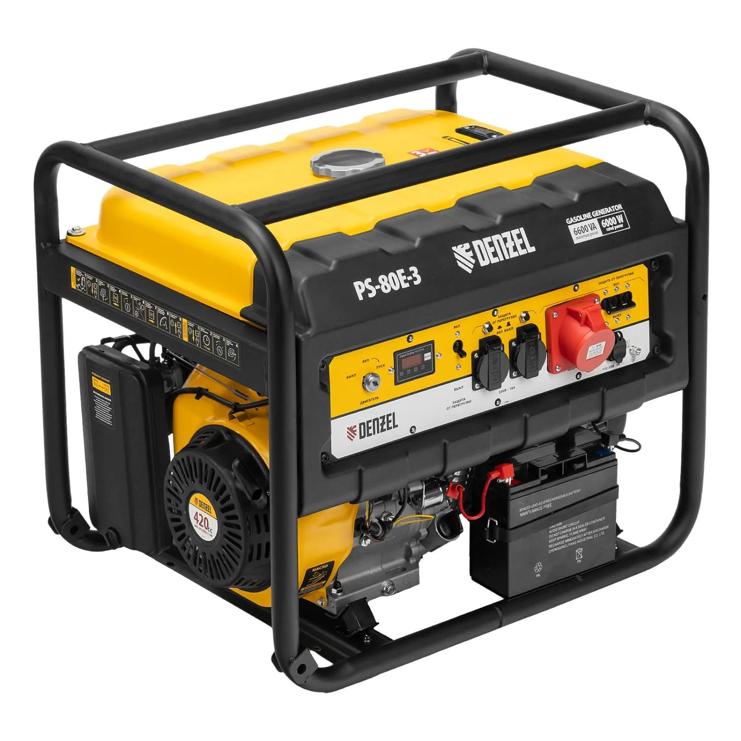 Генератор бензиновый PS 80 E-3, 6.6 кВт, 400 В, 25 л, электростартер Denzel купить