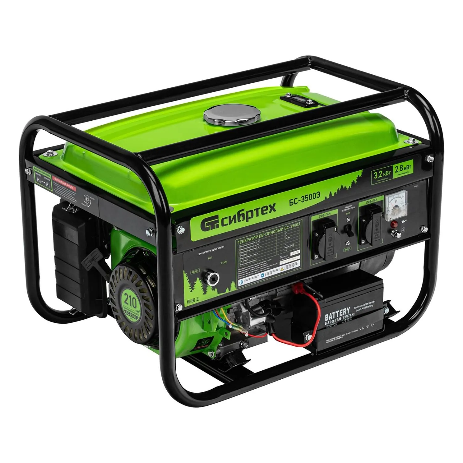 Генератор бензиновый БС-3500Э, 3.2 кВт, 230В, 4-х тактный, 15 л, электростартер Сибртех купить