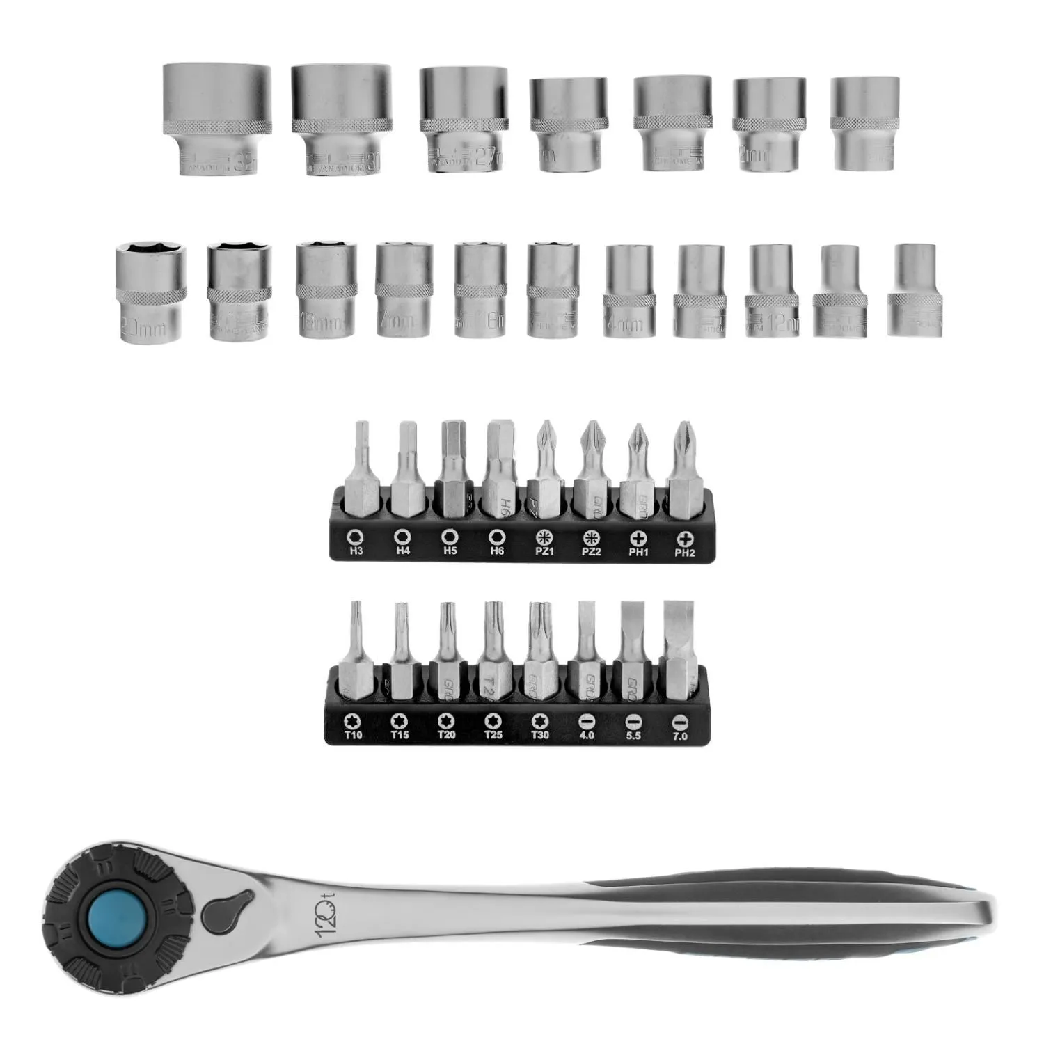 Набор торцевых головок, трещотка 120 зубьев, 1/2",3/8”, CrV, 36 предметов Gross купить